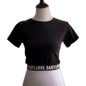 Lemite Black White Distressed Letter Graphic Love Stretch Athletic Yoga Crop Top